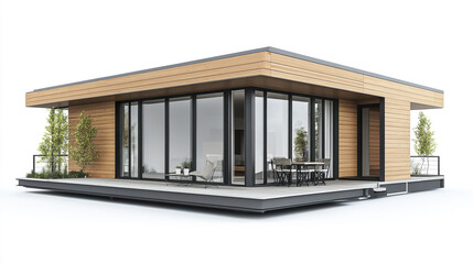 Fototapeta premium Modern prefabricated house with wooden panels and large windows