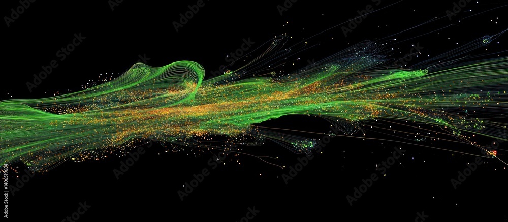 Poster dynamic digital flow visualization with green and golden particles on black