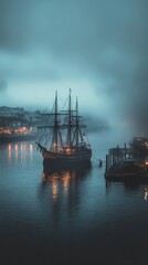 Fototapeta premium A ship is docked in a harbor at dusk, with a mysterious and enchanting atmosphere.
