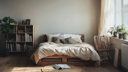 A Scandinavian bedroom with a simple wooden bed, neutral tones, and a cozy reading nook.