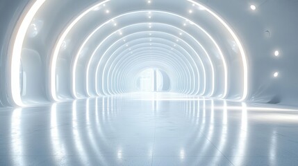 A vast, minimalist space, bathed in the ethereal glow of hidden spotlights, stretching into the distance. A sleek, white floor reflects the futuristic design, while a high, domed ceiling hints 