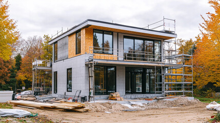 Modern wooden house under construction with scaffolding and sanded ground, large windows and wooden siding in background house, materials on site, bright blue sky with partially built house.