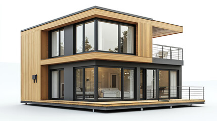 Modern prefabricated house with large windows and wooden accents
