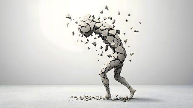 A human figure composed of shattered rock fragments dynamically rebuilding and transforming itself through a process of dispersal and reconstruction