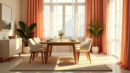 Sunlit Dining Room Decor Featuring Modern Furniture and Peach Curtains