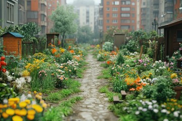 Obraz premium Garden path flanked by various colorful flowers and plants in an urban environment with buildings around
