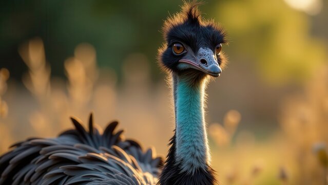 A Majestic Emeu Bird Portrait at Golden Hour, Displaying Striking Feather Detail and Intense Gaze