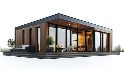 Fototapeta premium Modern prefabricated house with wooden exterior and large windows