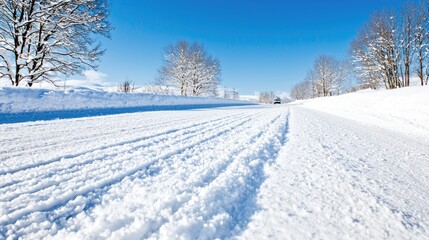 Fototapeta premium Snowy Road Extends into a Sunny Landscape
