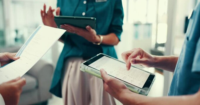 Hands, medical and team on tablet for discussion, health document and training with clinic manager. Technology, nurse and group of people planning closeup with paper, scroll screen and test results