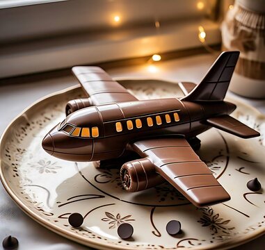 A chocolate airplane with intricately detailed edible wings, perfect for aviation-themed desserts or gifts.  