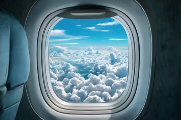Naklejka premium Airplane window bright blue sky fluffy white cloud