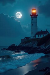 Serene coastal scene at night with a lighthouse beacon shining brightly under the full moon's gentle glow, illuminating the tranquil ocean waves lapping softly against the sandy shore.