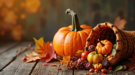 Pumpkin and cornucopia filled with autumn harvest, vibrant oranges and yellows, rustic wooden table, festive fall decor