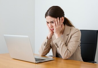 Woman in blazer looking at laptop with hands on face appearing stressed at the office desk area