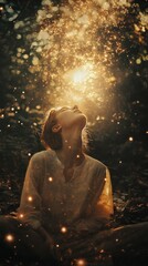 Obraz premium Mystical scene with woman looking up at glowing fireflies in a dark forest.