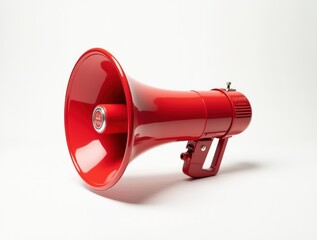 Studio shot, classic red megaphone isolated on white background, front-facing angle, clean and minimal composition with soft shadow