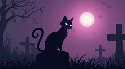 Fototapeta premium Stylized black cat silhouette with curled tail and glowing eyes sitting on a gravestone in foggy graveyard under a purple sky