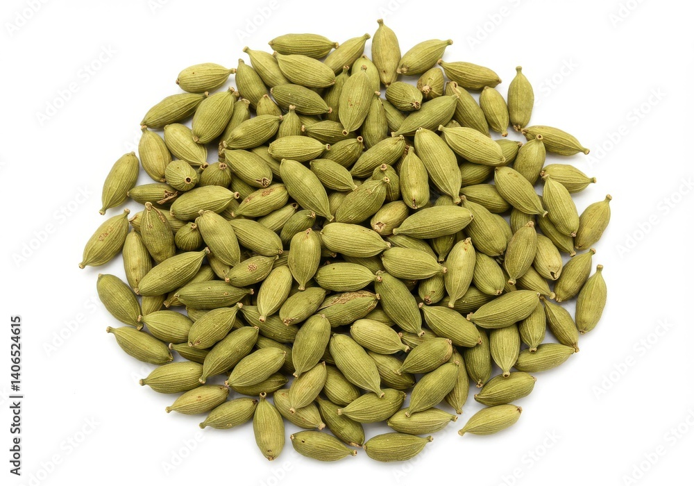 Poster a circular arrangement of green cardamom pods on a white surface in a studio setting view from above
