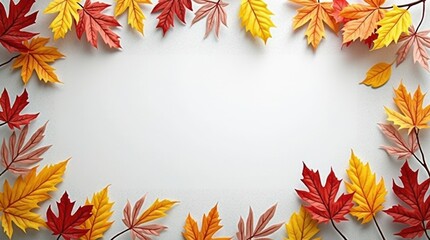 Autumn leaves frame with vibrant red and orange foliage, rustic wooden background, seasonal nature decor concept.