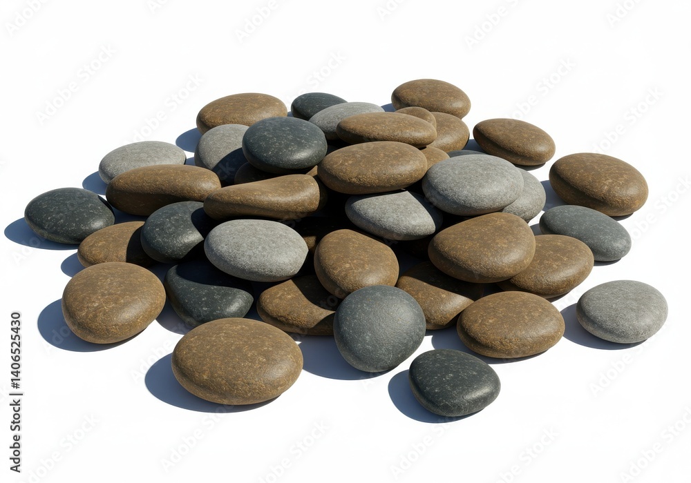 Poster a close up shot showing a pile of smooth rocks with varying colors and sizes on a white surface area
