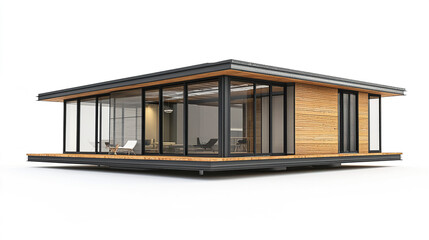 Modern prefabricated house with glass walls and wooden accents