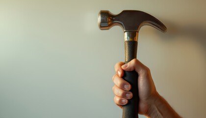 Hand Holding Hammer Upright Against a Simple Backdrop for Construction