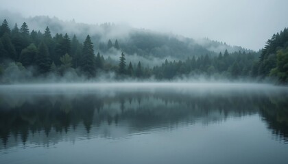 Fototapeta premium 静寂漂う霧の湖、神秘的緑の反射