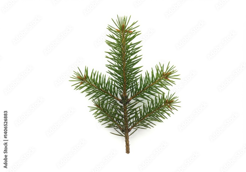 Poster a single sprig of a coniferous tree with green needles isolated on a plain white background view fro