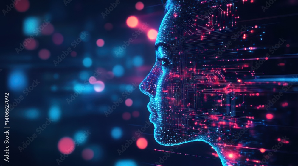 Poster ethereal visage composed of interconnecting networks, signifying advanced technology