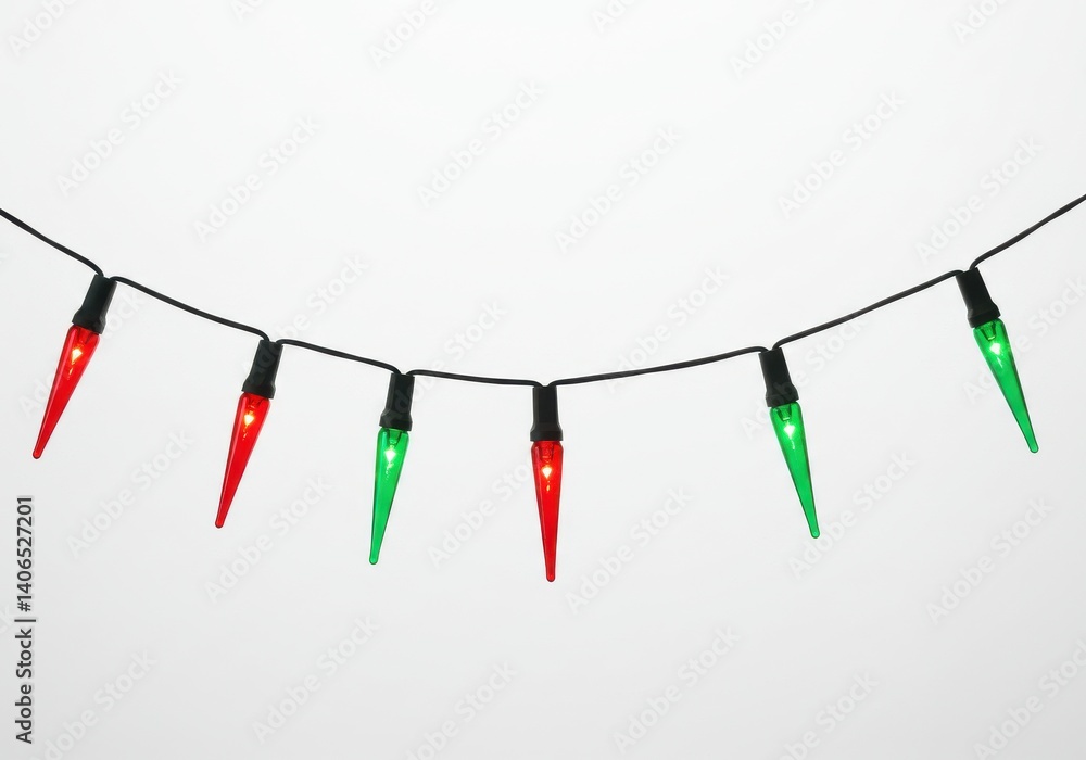 Poster a string of christmas lights alternating between red and green colors on a white background space