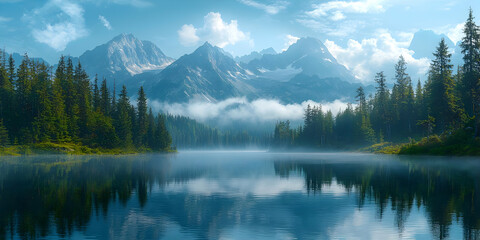 Misty Mountain Lake Reflects Majestic Peaks in Serene Landscape