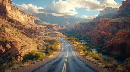 A winding road through a stunning canyon landscape, with vibrant rock formations and lush greenery under a partly cloudy sky.