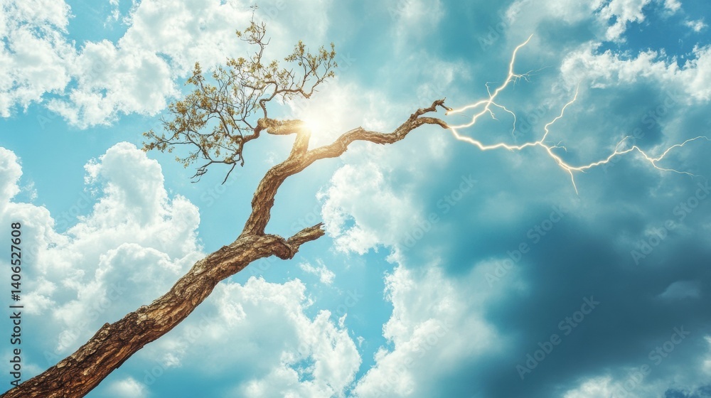 Poster Unique tree branch resembling a lightning bolt symbolizing natural power in a cloudy sky