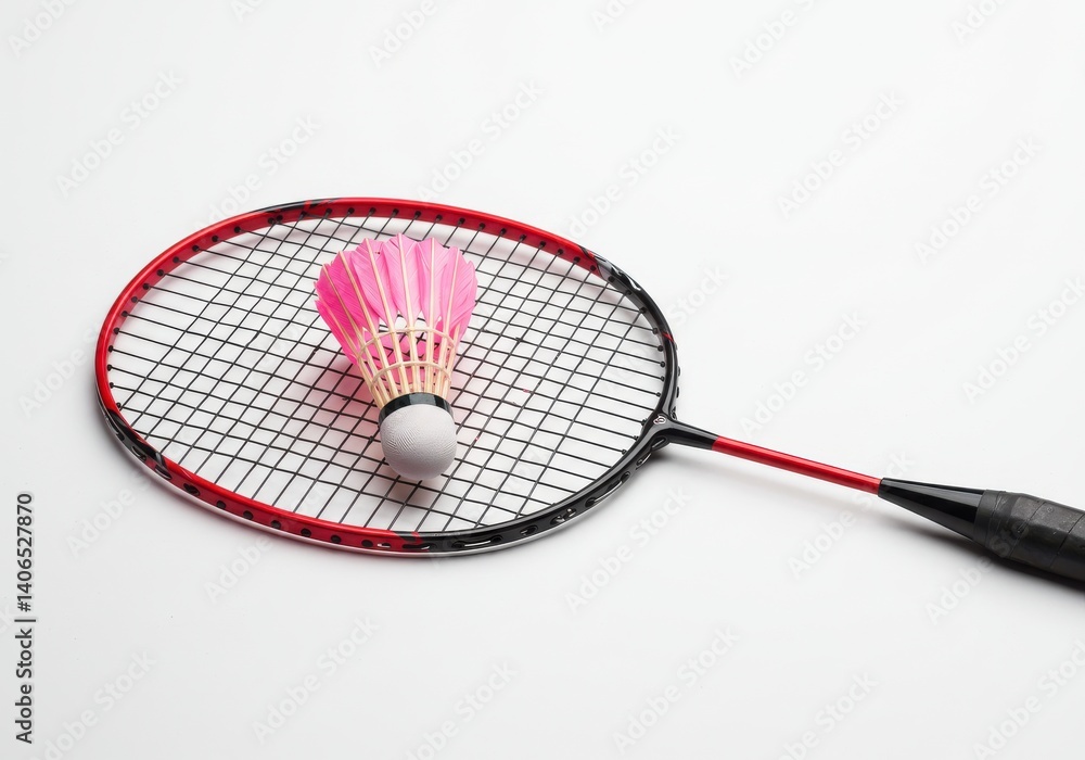 Aufkleber a badminton racket with a pink shuttlecock sitting on the strings in a studio setting on white backd