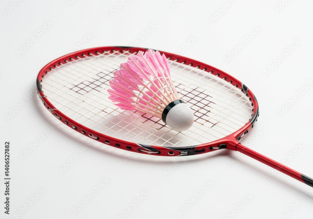Poster a badminton racket with red frame and pink shuttlecock on a plain white surface is in the center