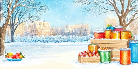 Colorful jars and crates in a snowy landscape with trees and distant buildings under a bright blue sky.