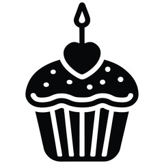 A cute and festive cupcake icon with heart shaped sprinkles and candle