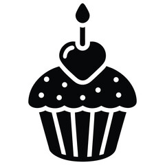 A cute and festive cupcake icon with heart shaped sprinkles and candle