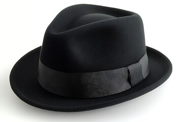 Classic black fedora hat with ribbon accent on a clean white backdrop