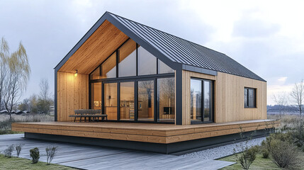 Fototapeta premium Modern prefabricated house with wooden exterior and large windows