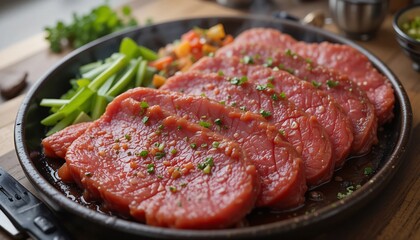 ジューシーな赤身ステーキ 熱々鉄板焼き 彩り野菜添え