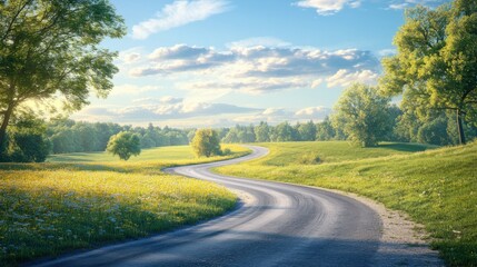 Fototapeta premium A winding road surrounded by lush greenery and fields under a bright sky, creating a serene and inviting landscape.