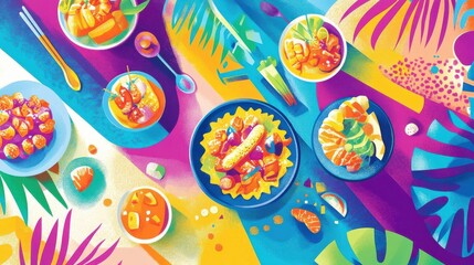 Vibrant Tropical Table Setting with Colorful Fruits and Dishes