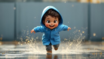 Boy Running in Rain Wearing Blue Raincoat and Smiling Happily