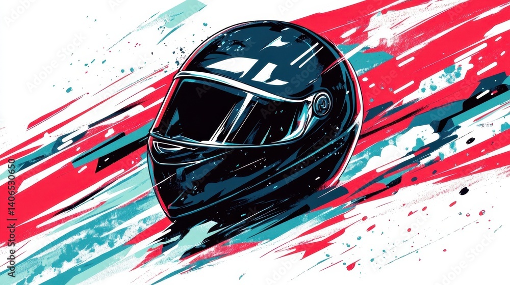 Poster bold racing helmet highlighted by dynamic abstract background.