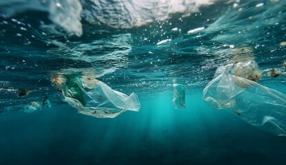 Underwater View of Floating Plastic Waste and Pollution in the Ocean. Generative AI