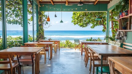 Fototapeta premium Cozy seaside café with wooden tables and ocean view.