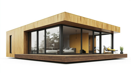 Modern prefabricated house with large windows and wooden exterior