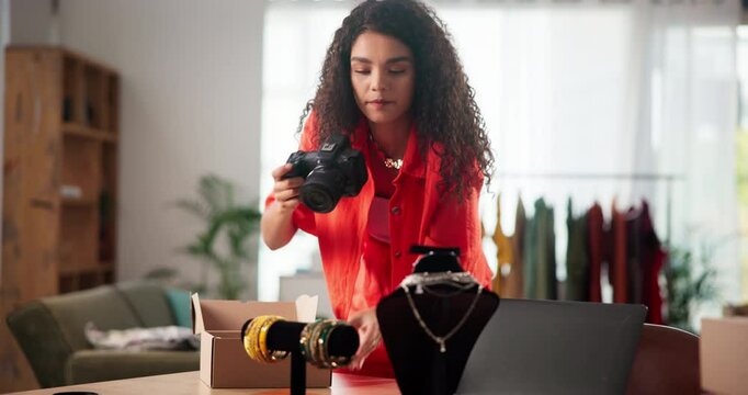 Ecommerce, photography and jewelry with woman in small business with designer, fashion or ugc marketing. Shipping, online boutique and post with person in office for entrepreneur and creative startup